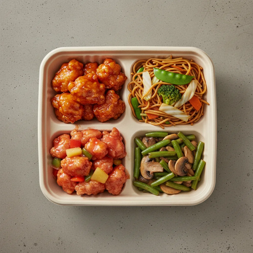 Orange Chicken, Sweet & Sour Chicken, Veggie Chow Mein, Green Beans & Mushrooms Orange Chicken, Sweet & Sour Chicken, Veggie Chow Mein, Green Beans & Mushrooms
