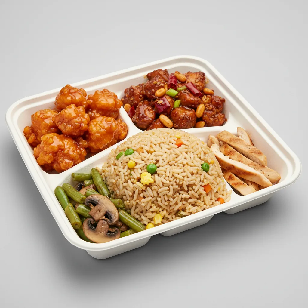 Orange Chicken, Kung Pao Chicken, Vegetable Fried Rice, Green Beans & Mushrooms Orange Chicken, Kung Pao Chicken, Vegetable Fried Rice, Green Beans & Mushrooms