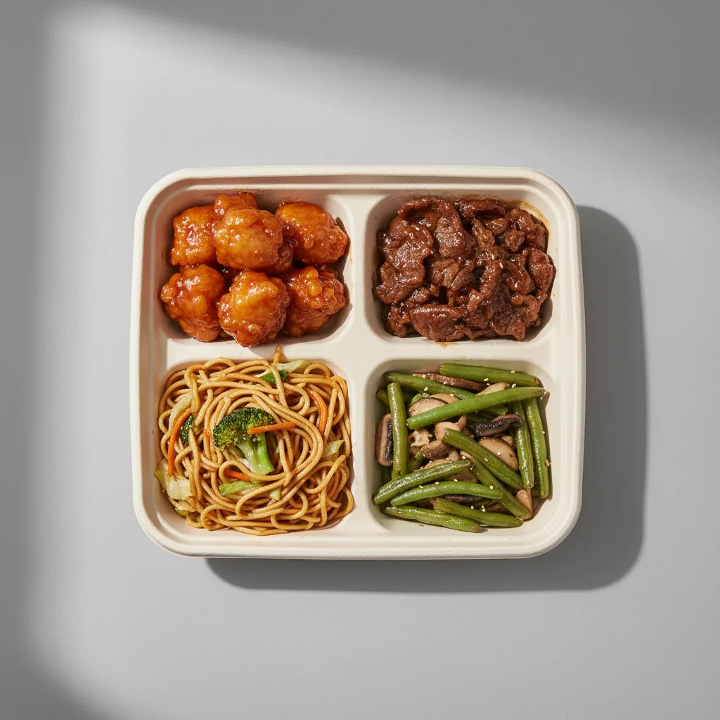 Orange Chicken, Beef & Oyster Sauce, Vegetable Chow Mein, Green Bean & Mushroom Orange Chicken, Beef & Oyster Sauce, Vegetable Chow Mein, Green Bean & Mushroom