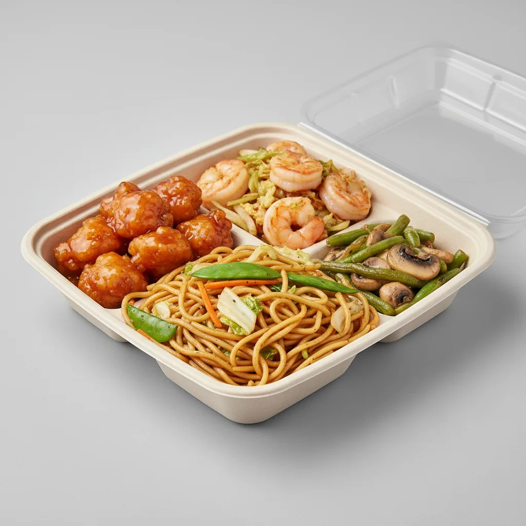 Orange Chicken, MuShu Prawns , Vegetable Chow Mein, Green Beans & Mushrooms Orange Chicken, MuShu Prawns , Vegetable Chow Mein, Green Beans & Mushrooms