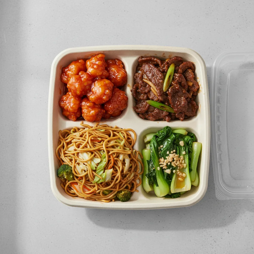Sweet & Sour Chicken, Mongolian Beef, Vegetable Chow Mein, Bok Choy and Garlic Sweet & Sour Chicken, Mongolian Beef, Vegetable Chow Mein, Bok Choy and Garlic