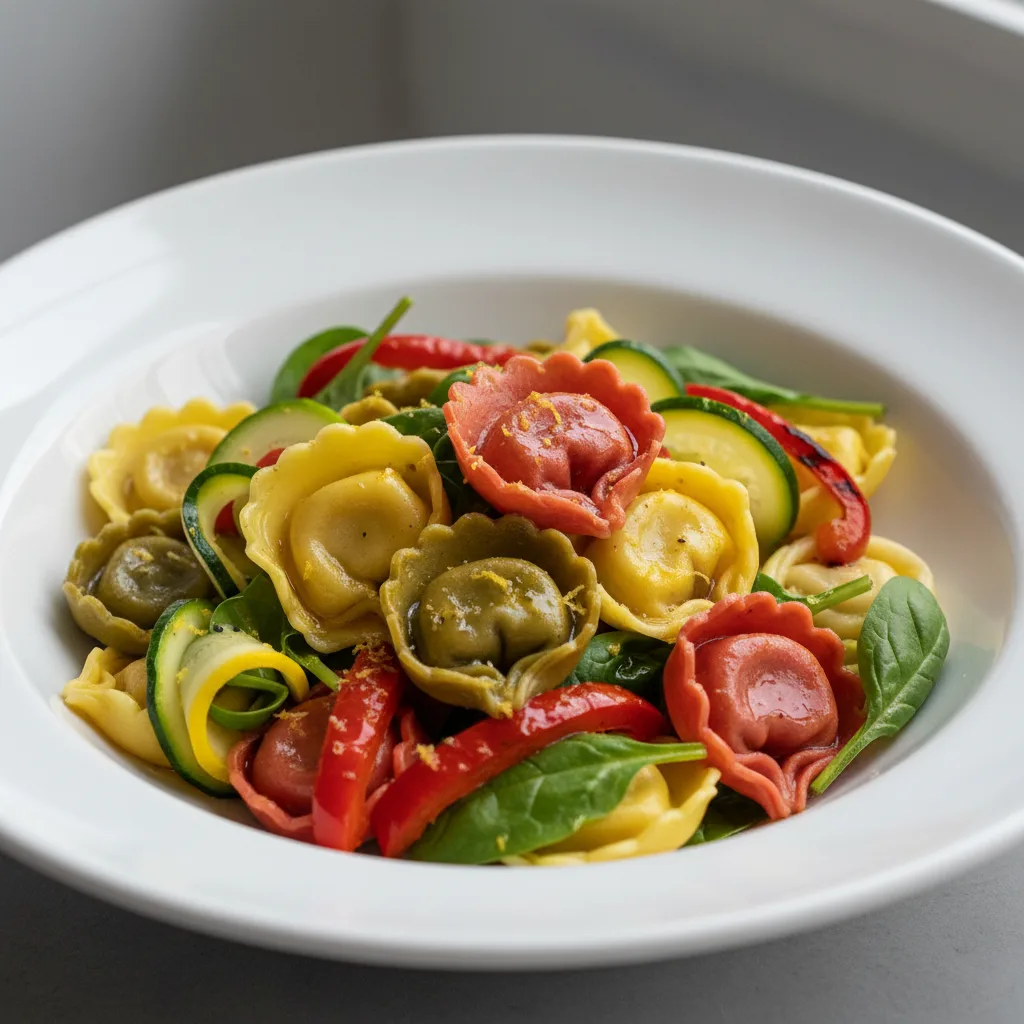 Tortellini Tricolored, Yellow and Green Zucchini, Baby Spinach, Roasted Peppers, Lemon Zest and Roasted Shallot Oil Tortellini Tricolored, Yellow and Green Zucchini, Baby Spinach, Roasted Peppers, Lemon Zest and Roasted Shallot Oil