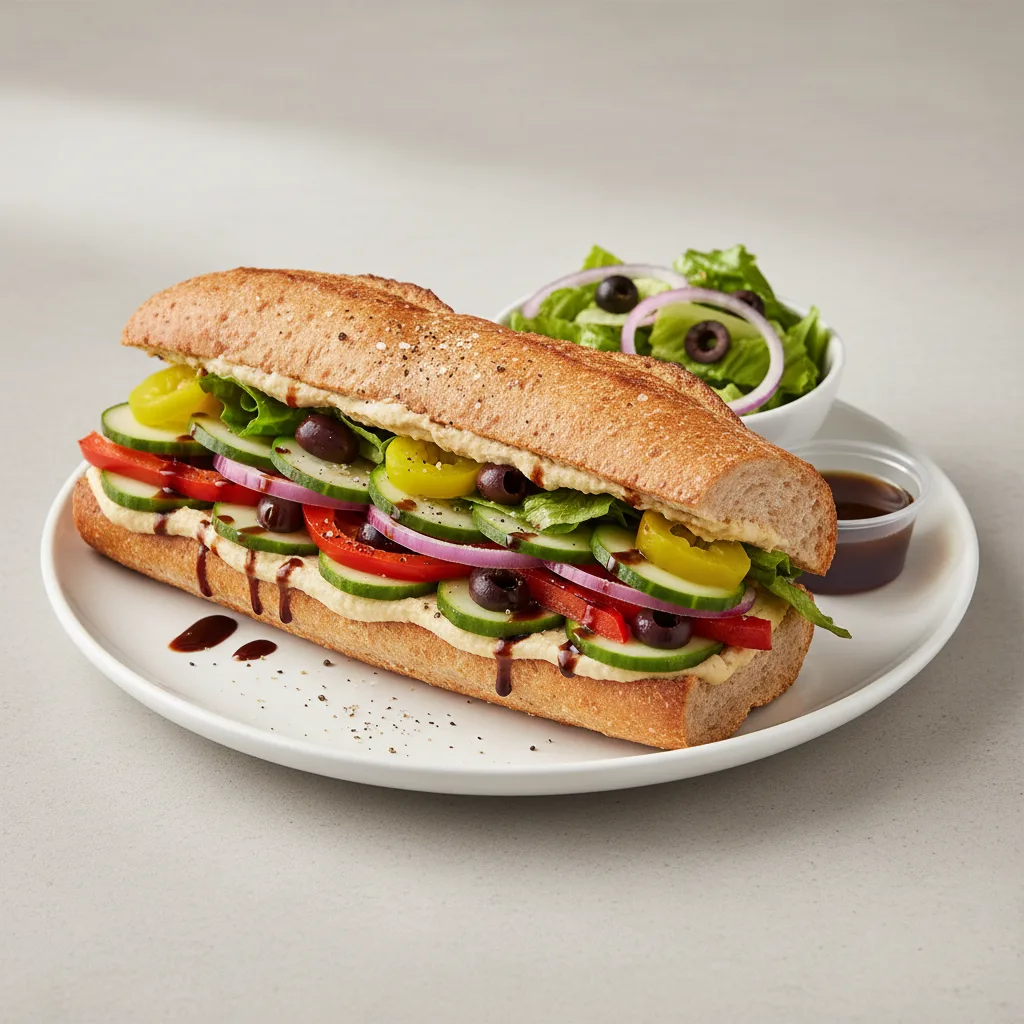 Vegan Sub on Whole Grain Wheat Bread and Side Salad Combo (No Tomatoes) Vegan Sub on Whole Grain Wheat Bread and Side Salad Combo (No Tomatoes)