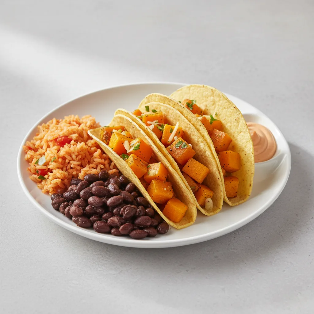 3 Ginger Butternut Squash Corn Tortilla Tacos with Mexican Rice, Black Beans, and Chipotle Mayo 3 Ginger Butternut Squash Corn Tortilla Tacos with Mexican Rice, Black Beans, and Chipotle Mayo