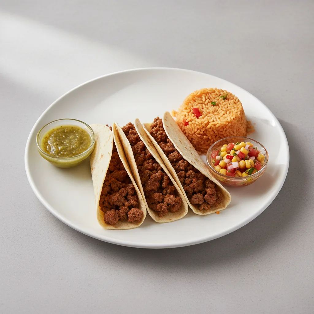 3 Ground Beef Corn Tortilla Tacos with Mexican Rice, Spicy Corn Salsa, and Salsa Verde 3 Ground Beef Corn Tortilla Tacos with Mexican Rice, Spicy Corn Salsa, and Salsa Verde