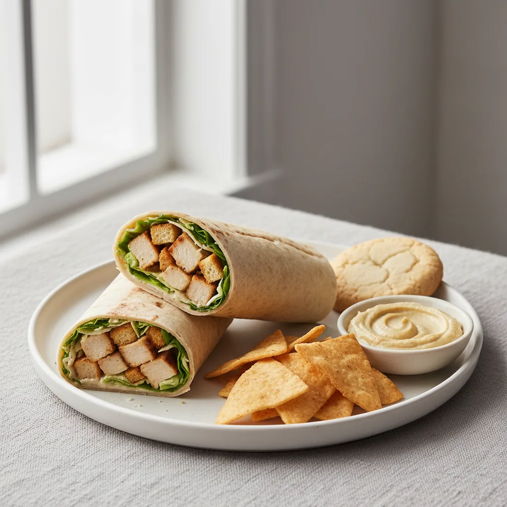 Chicken Caesar Wrap Lunch with Pita Chips, Hummus, and a Sugar Cookie