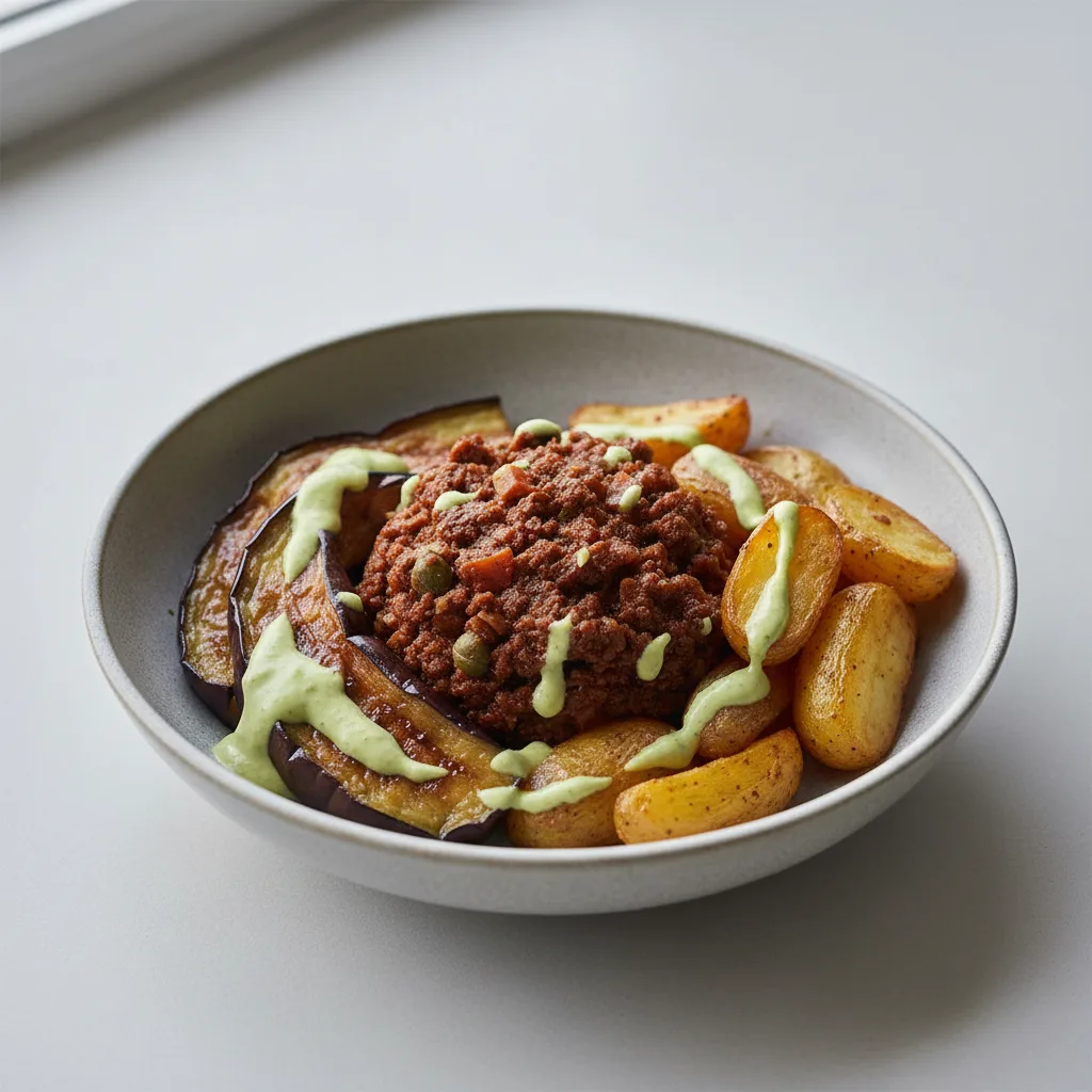Macro Bowl: Double Picadilo Beef with Miso Eggplant and Potatoes Macro Bowl: Double Picadilo Beef with Miso Eggplant and Potatoes