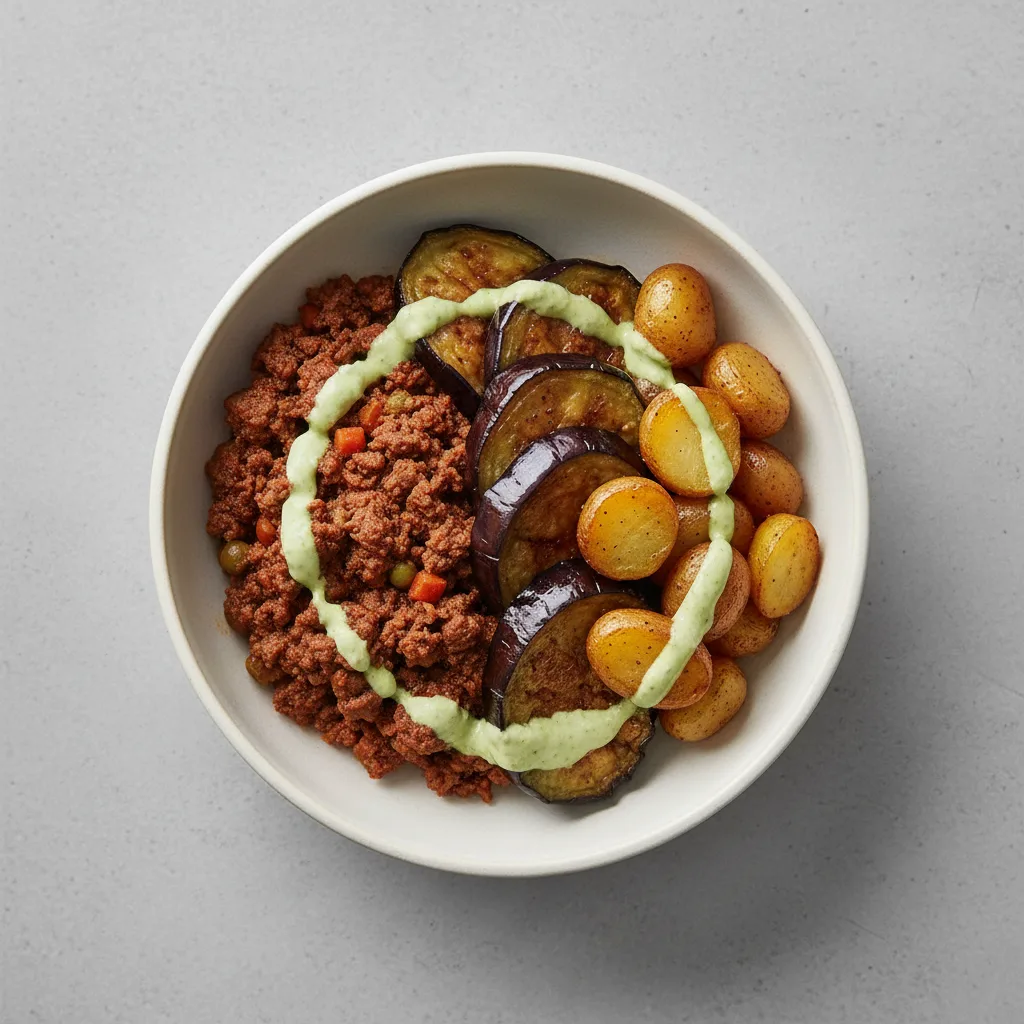 Macro Bowl: Picadilo Beef with Miso Eggplant and Potatoes