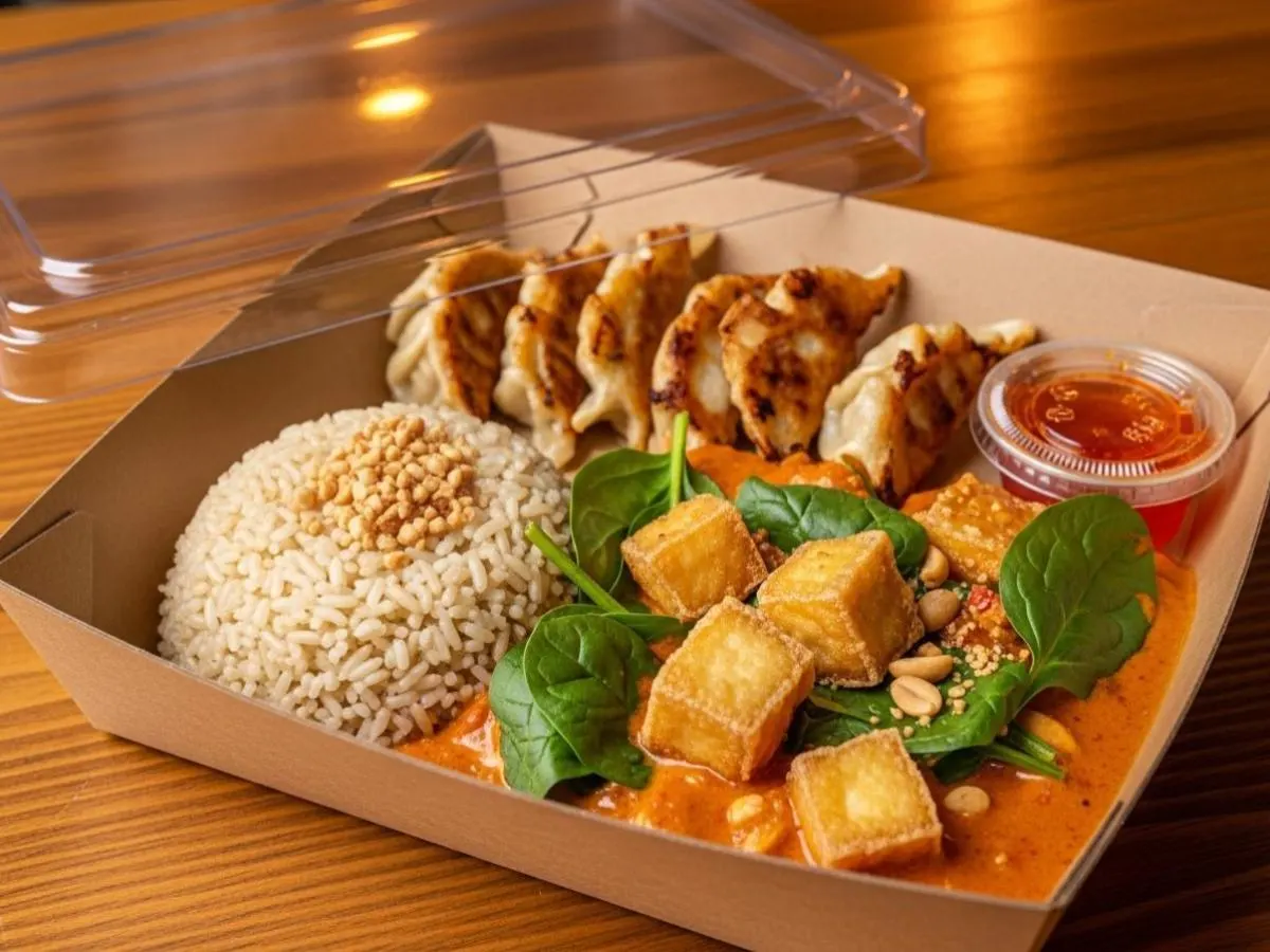 Fried Tofu Bangkok Sweet Chili Curry with Brown Rice and Chicken Potstickers