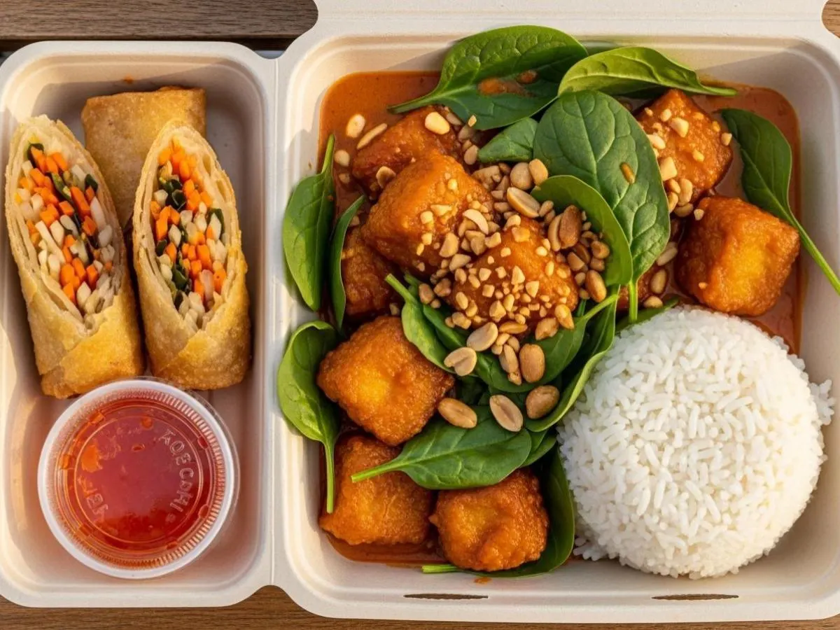 Fried Tofu Bangkok Sweet Chili Curry with White Rice and Vegetable Sping Roll
