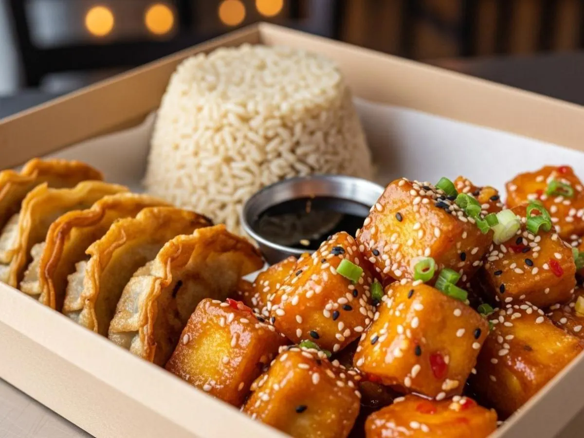 Orange Fried Tofu with Brown Rice and Chicken Potstickers