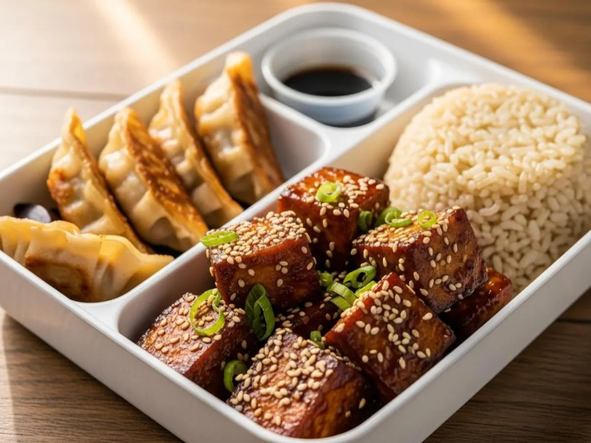 Sesame Sauteed Tofu with Brown Rice and Chicken Potstickers