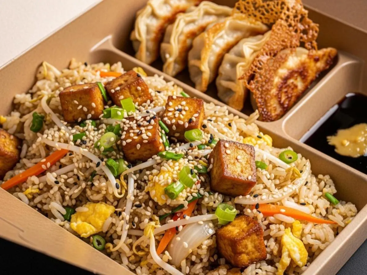 Sauteed Tofu Chinese Sesame Fried Rice with Chicken Potstickers