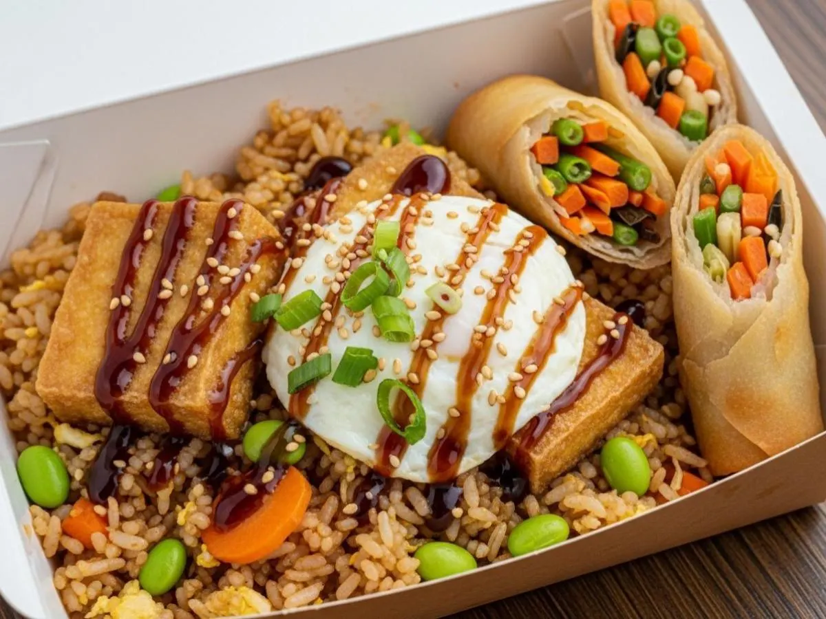 Fried Tofu Japanese Teriyaki Fried Rice with Vegetable Spring Roll