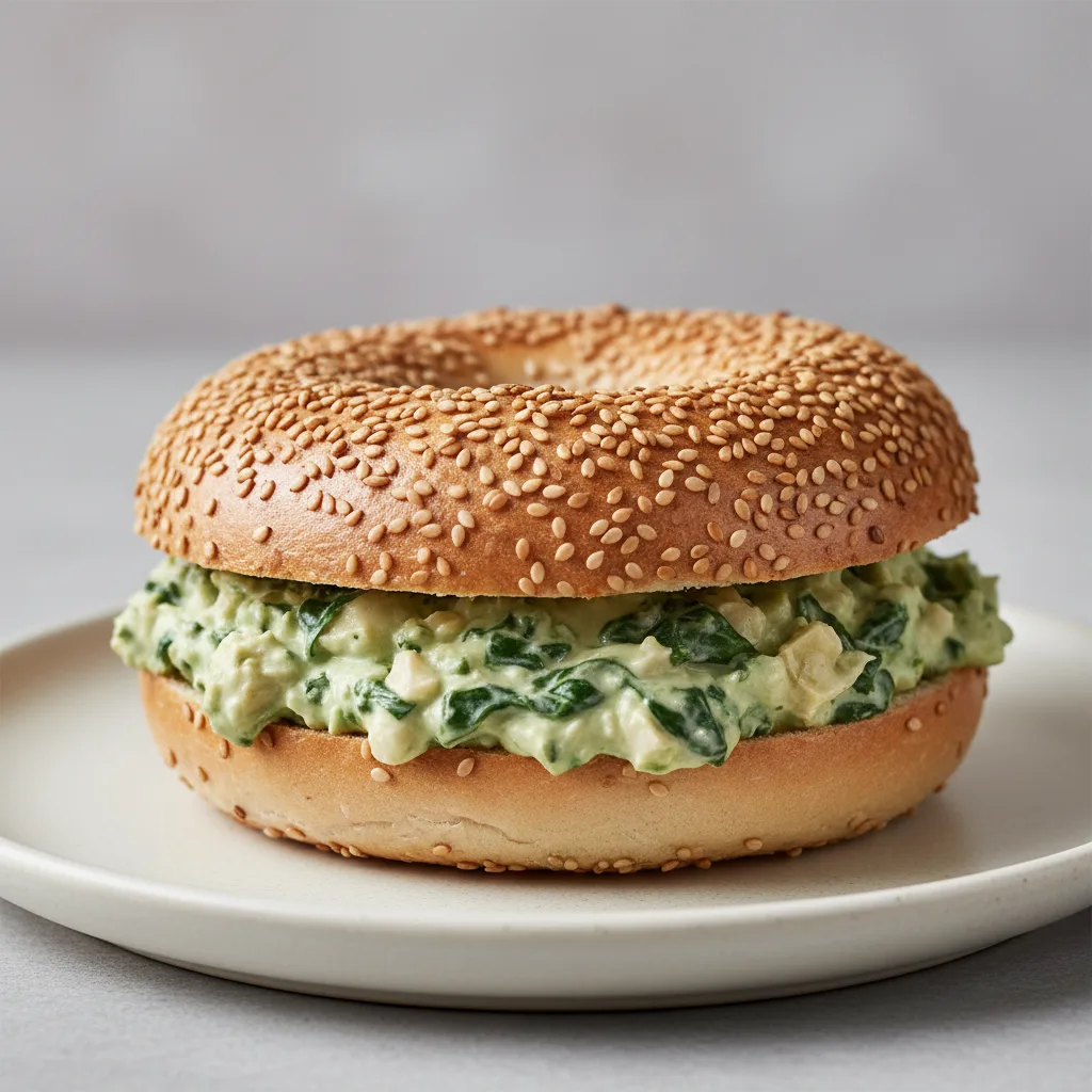 Sesame Bagel with Spinach Artichoke Schmear Sesame Bagel with Spinach Artichoke Schmear