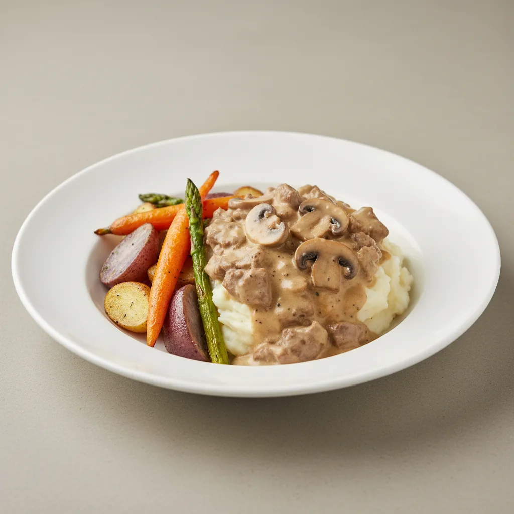 Beef Stroganoff over Mashed Potatoes with Roasted Vegetables Beef Stroganoff over Mashed Potatoes with Roasted Vegetables