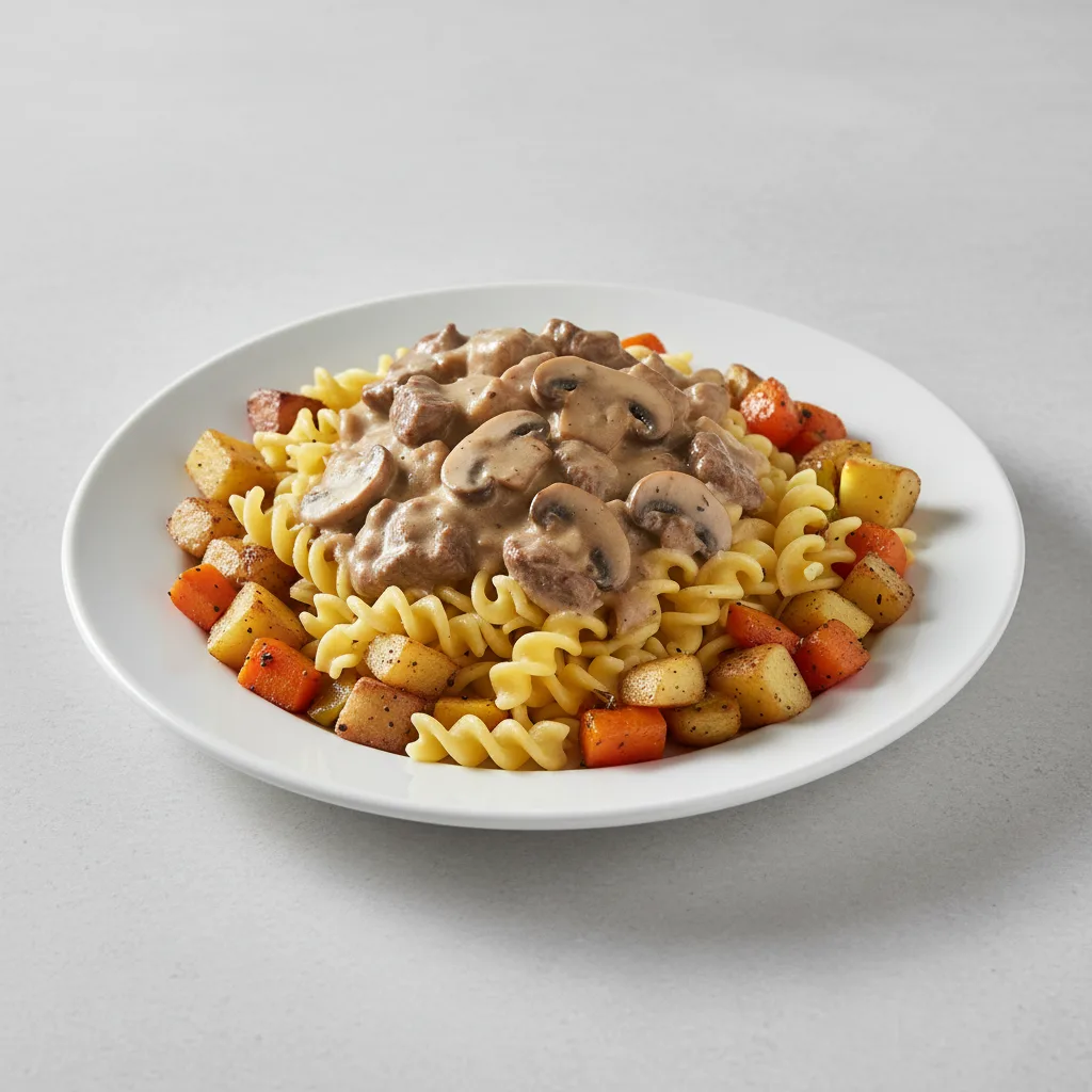 Beef Stroganoff over Egg Noodles with Roasted Vegetables Beef Stroganoff over Egg Noodles with Roasted Vegetables