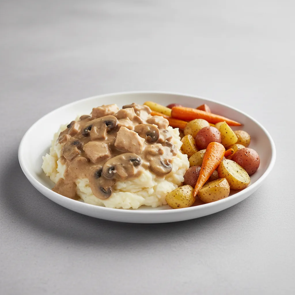 Gluten-Free Chicken Stroganoff over Mashed Potatoes with Roasted Vegetables Gluten-Free Chicken Stroganoff over Mashed Potatoes with Roasted Vegetables