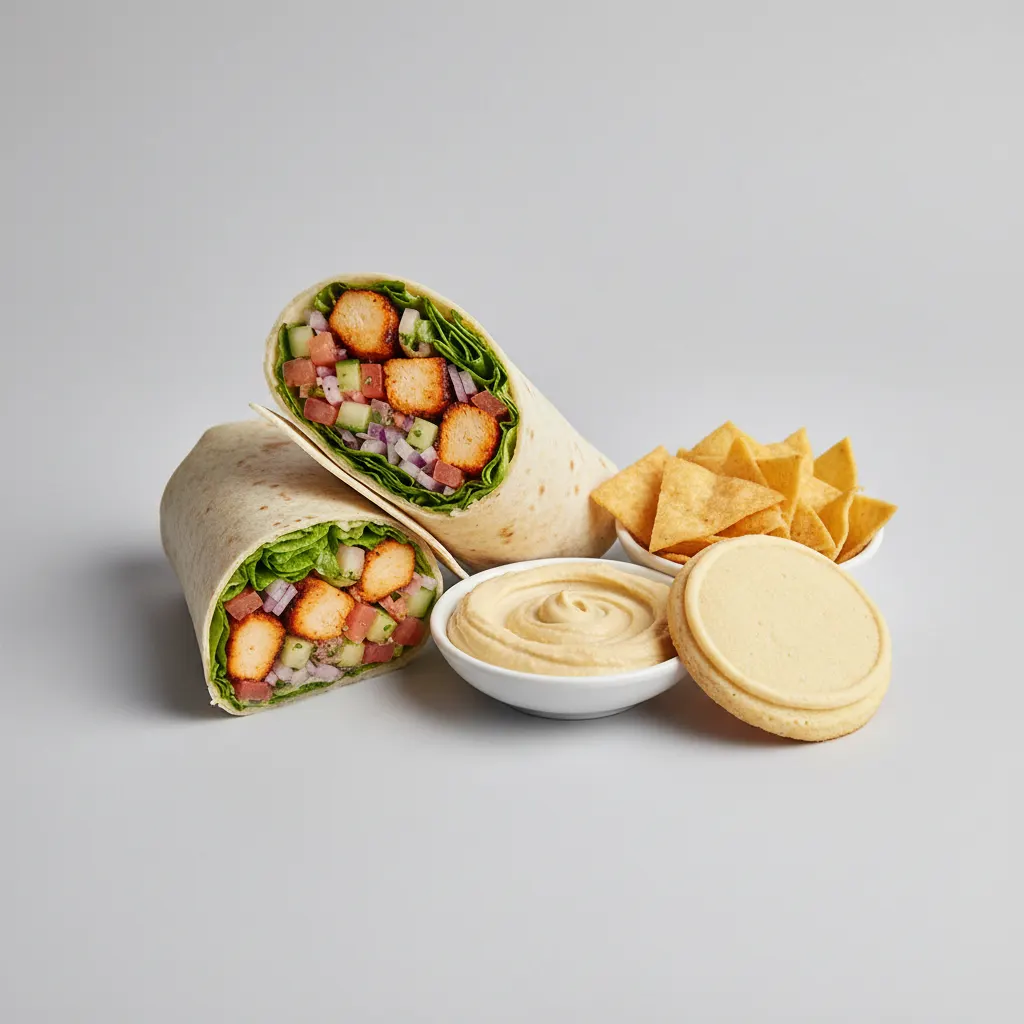 Tandoori Chicken Kebab Wrap Lunch with Pita Chips, Hummus, and a Sugar Cookie