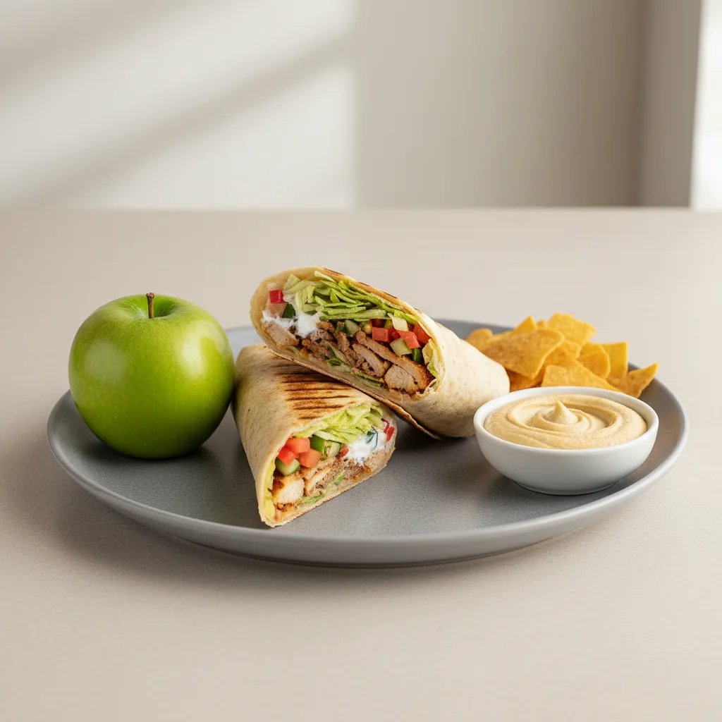 Doner Wrap Lunch with Pita Chips, Hummus, and a Green Apple