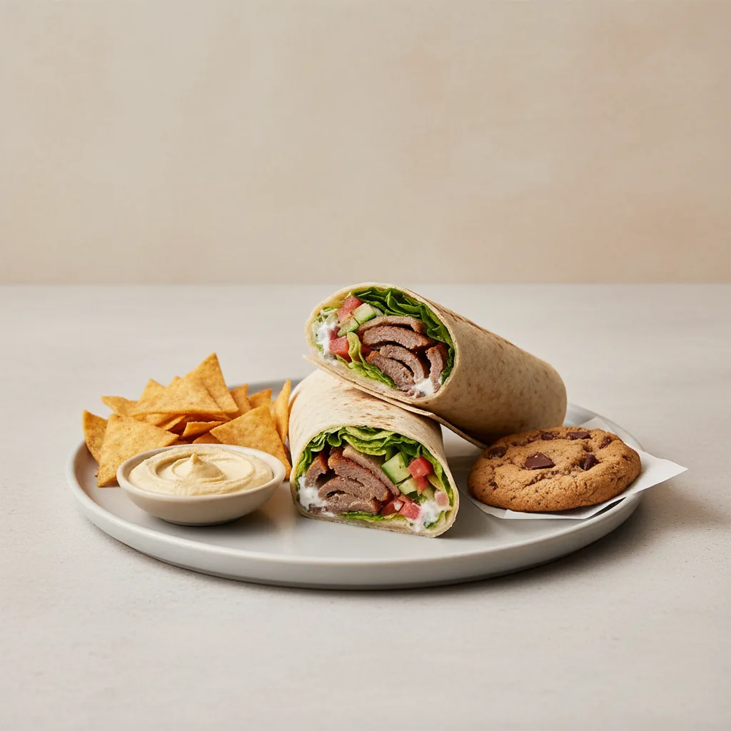 Doner Wrap Lunch with Pita Chips, Hummus, and a Chocolate Chip Cookie