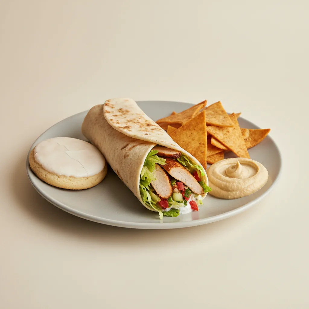 Chicken Doner Wrap Lunch with Pita Chips, Hummus, and a Sugar Cookie