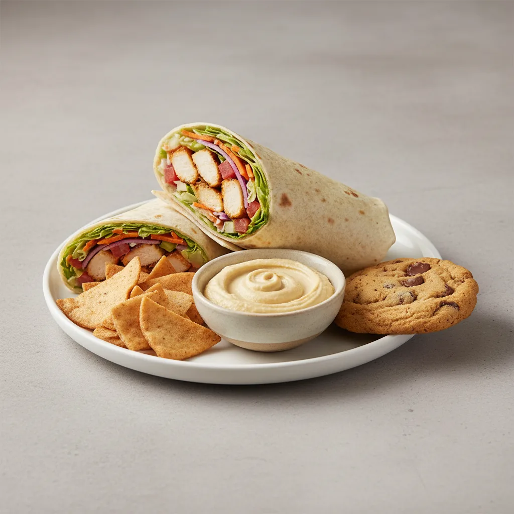 Texas Buffalo Wrap Lunch with Pita Chips, Hummus, and a Chocolate Chip Cookie