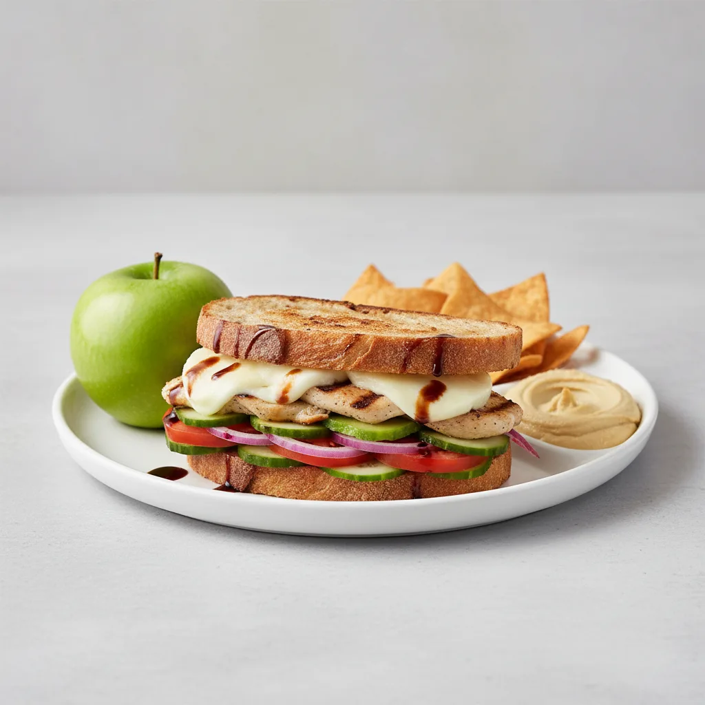 Chicken Mozzarella on Sourdough with Pita Chips, Hummus, & Green Apple