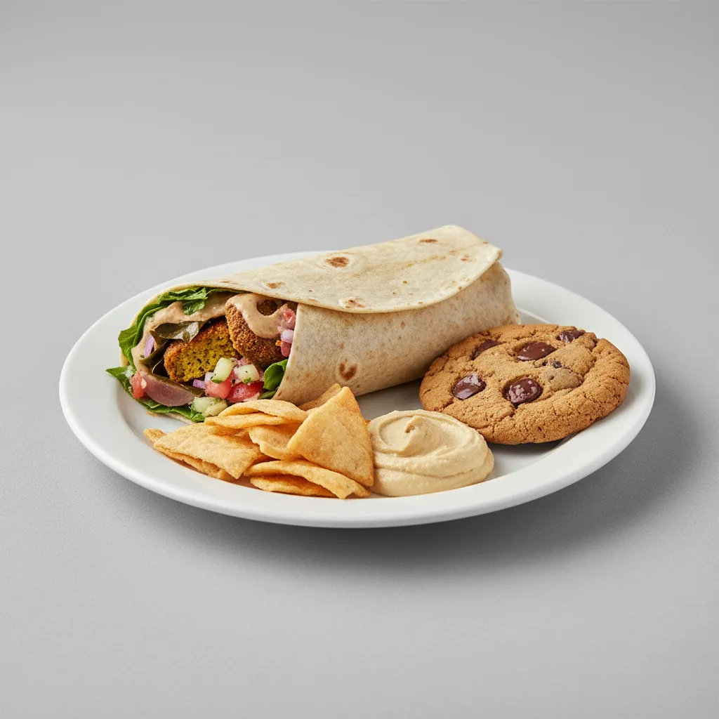 Veggie Lover Wrap Lunch with Pita Chips, Hummus, and a Chocolate Chip Cookie