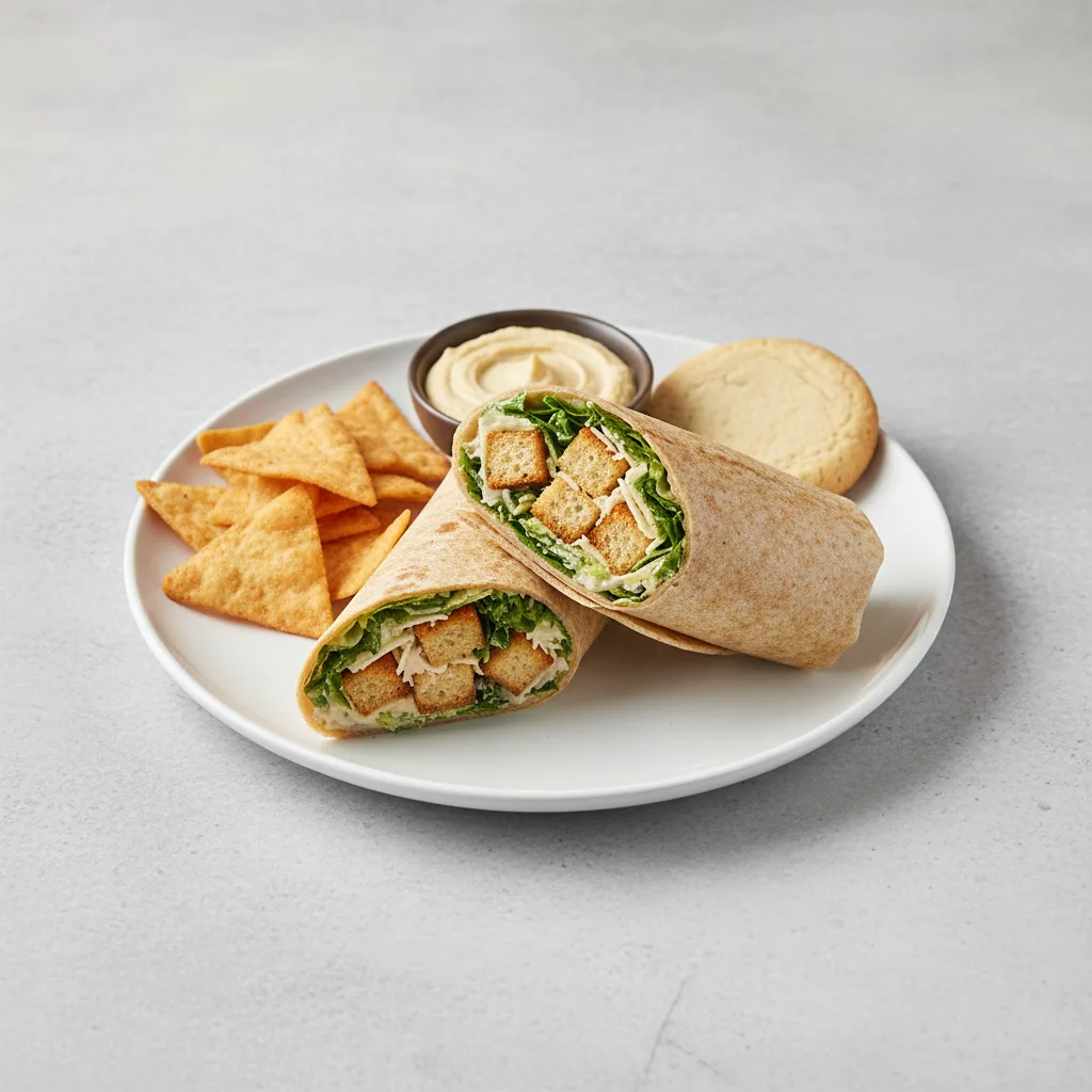 Caesar Wrap Lunch with Pita Chips, Hummus, and a Sugar Cookie