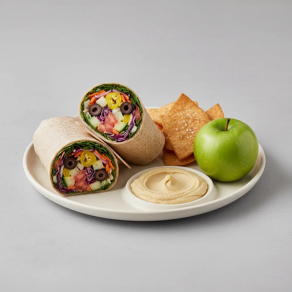 Greek Wrap Lunch with Pita Chips, Hummus, and a Green Apple