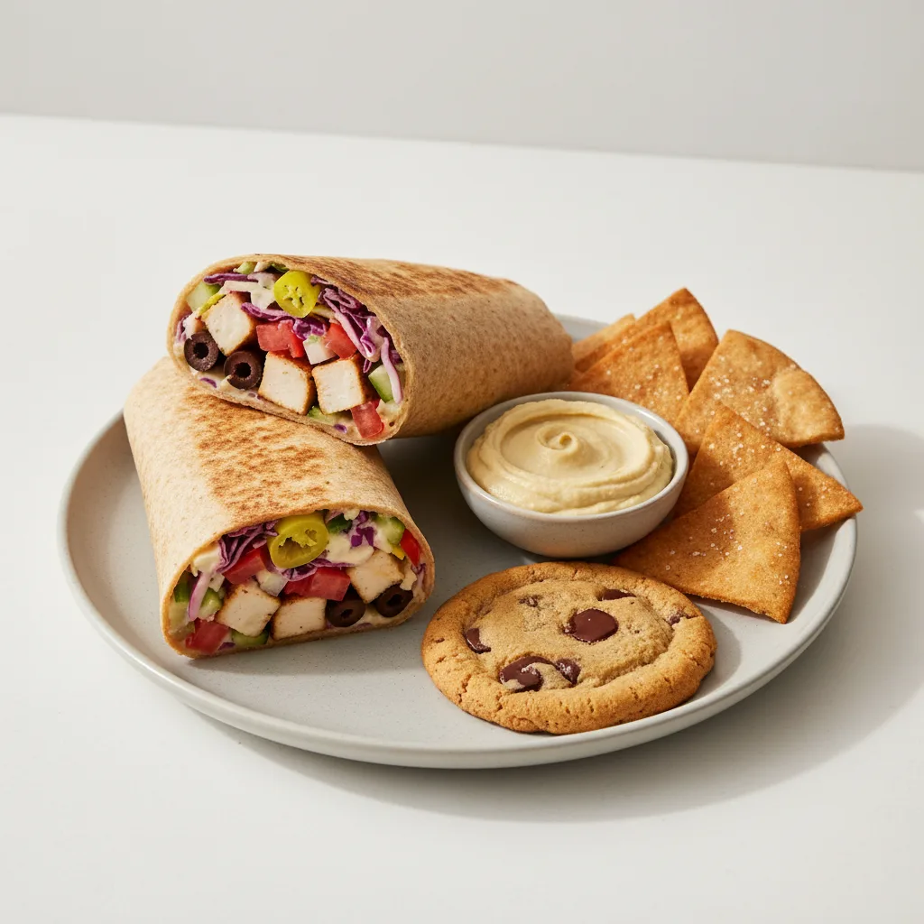 Greek Wrap Lunch with Pita Chips, Hummus, and a Chocolate Chip Cookie