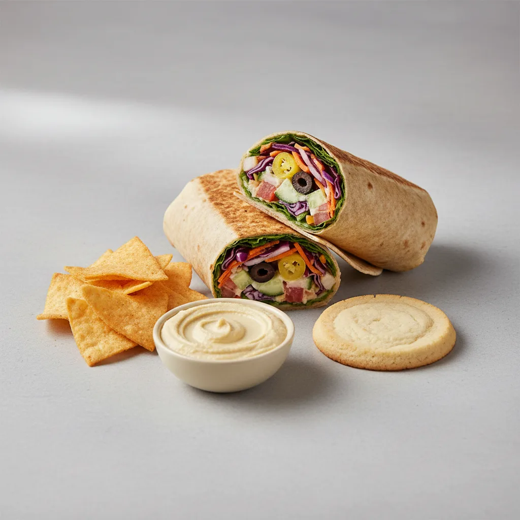 Greek Wrap Lunch with Pita Chips, Hummus, and a Sugar Cookie