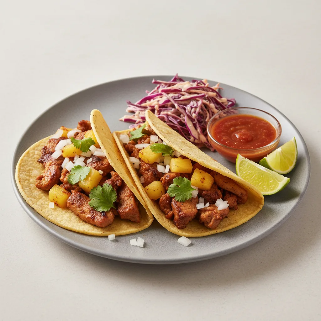 Pastor Tacos on Flour Tortillas with Red Cabbage Salad
