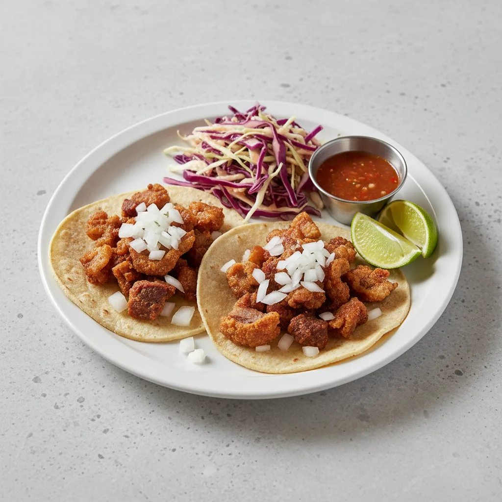 Chicharones Tacos on Flour Tortillas with Red Cabbage Salad