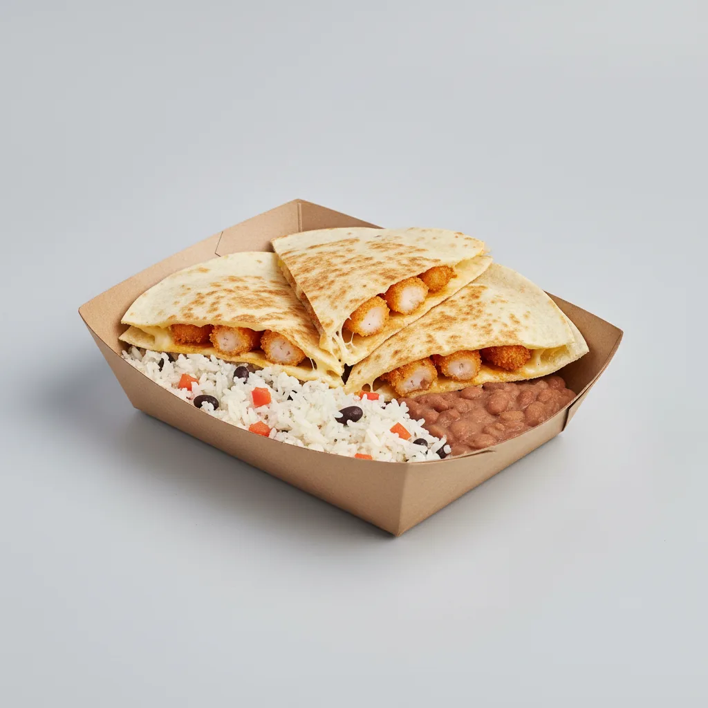 Boxed Tempura Shrimp Quesadilla With Rice and Beans
