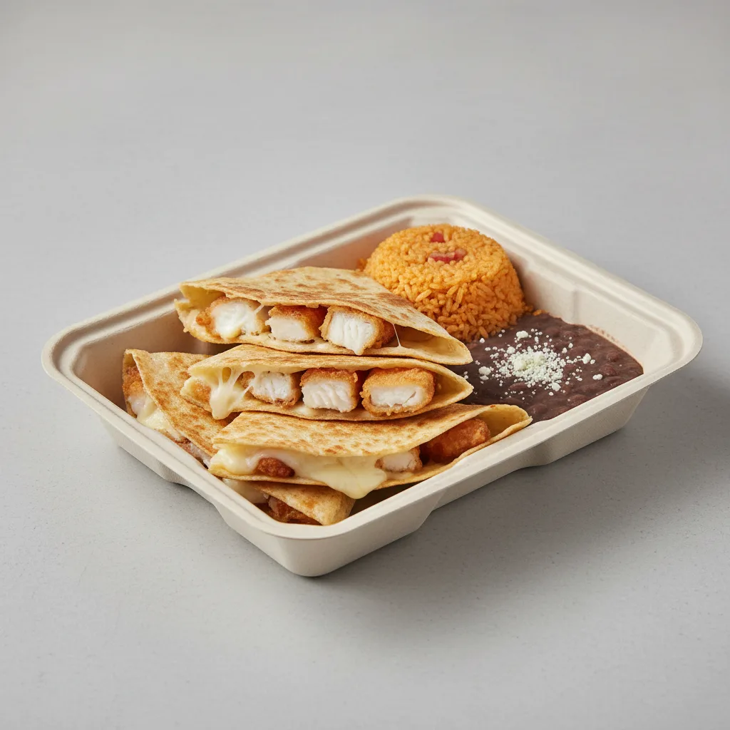 Boxed Tempura Fish Quesadilla With Rice and Beans