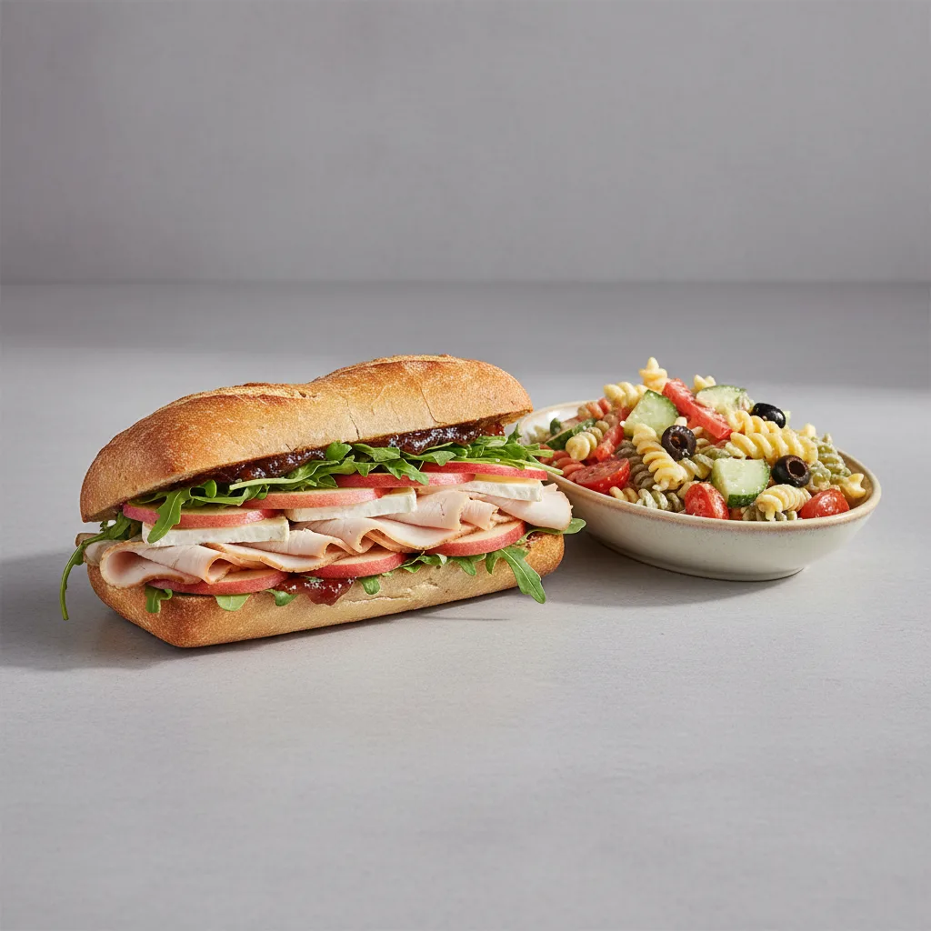Turkey and Brie Sandwich with pasta salad Turkey and Brie Sandwich with pasta salad