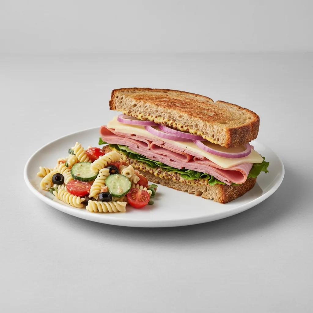 Rosemary Ham Lunch Sandwich with pasta salad Rosemary Ham Lunch Sandwich with pasta salad