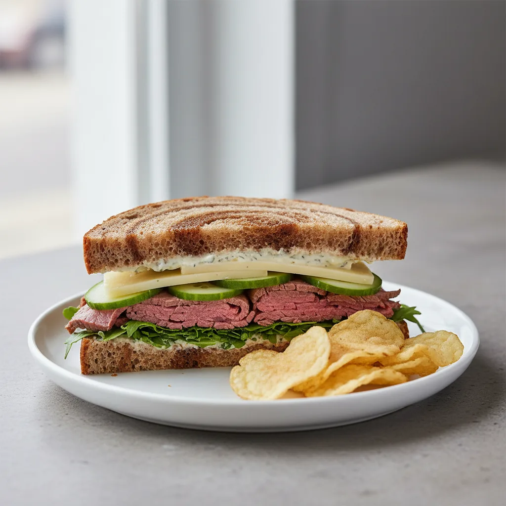 Roast Beef and Havarti Sandwich on Rye with Zapp's Potato Chips Roast Beef and Havarti Sandwich on Rye with Zapp's Potato Chips