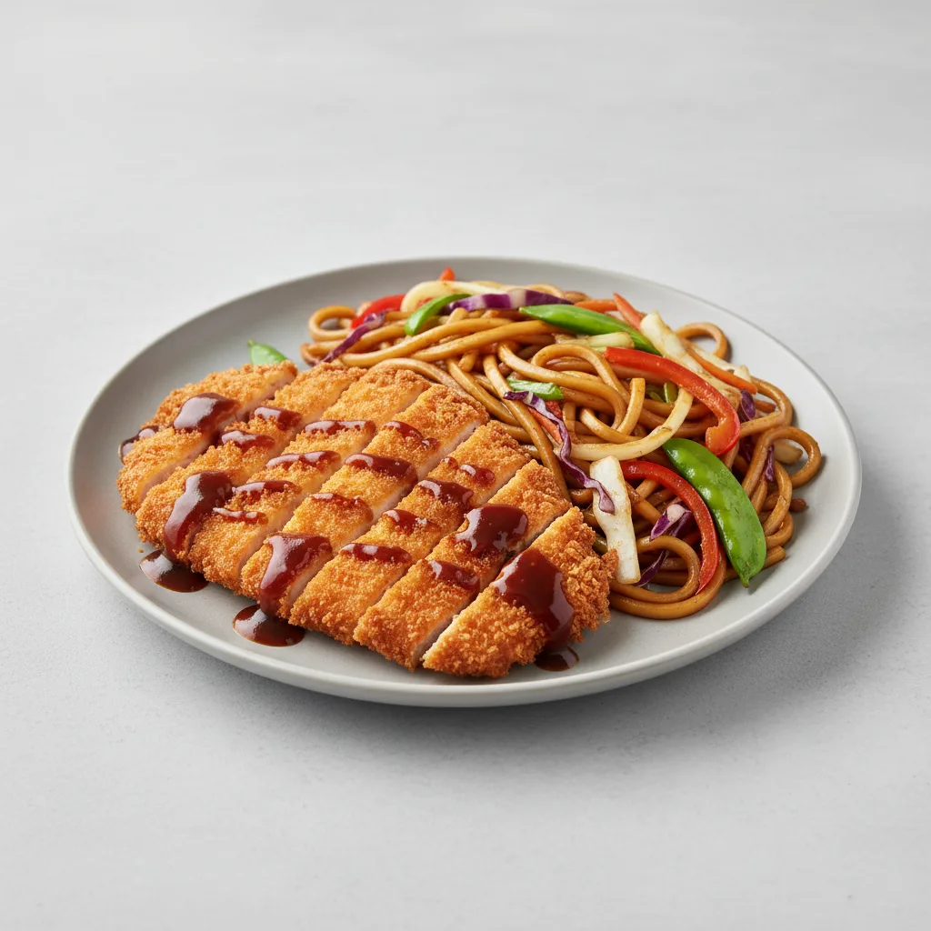 Chicken Katsu Yakisoba Style with Stir fried Veggies Chicken Katsu Yakisoba Style with Stir fried Veggies