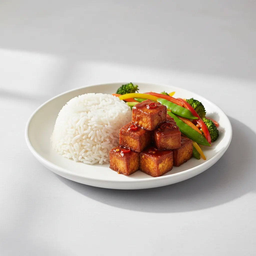Spicy Tofu Teriyaki With White Rice and Veggies Spicy Tofu Teriyaki With White Rice and Veggies