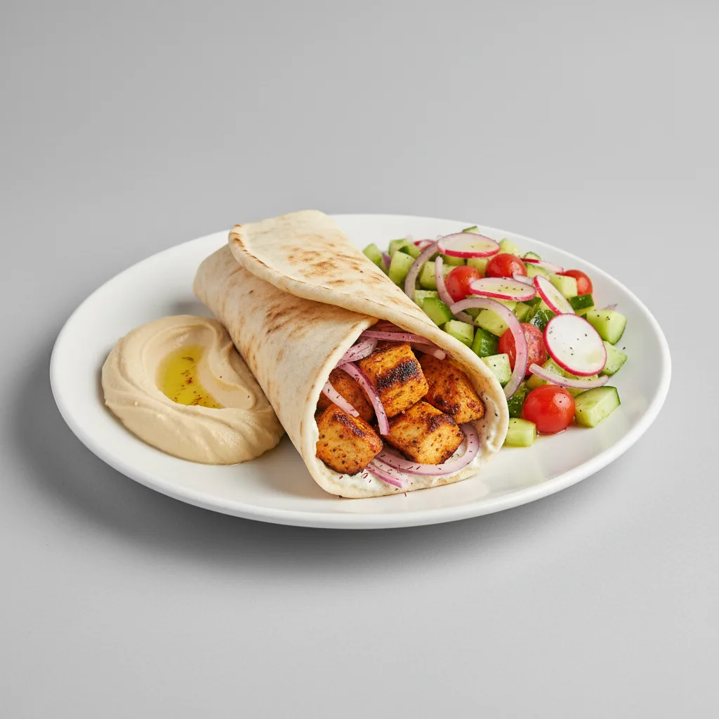 Spicy Chicken Kabob with Mediterranean Salad and Hummus Spicy Chicken Kabob with Mediterranean Salad and Hummus