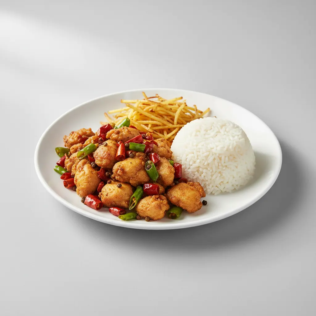 Chicken with Red and Green Pepper | Sauteed Shredded Potato | Rice Chicken with Red and Green Pepper | Sauteed Shredded Potato | Rice