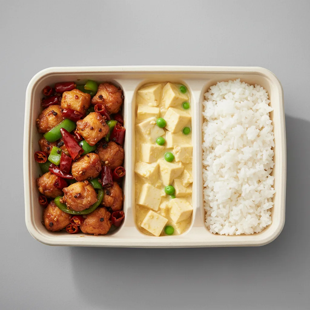 Chicken with Red and Green Pepper | Tofu with Egg Yolk | Steamed Rice Chicken with Red and Green Pepper | Tofu with Egg Yolk | Steamed Rice