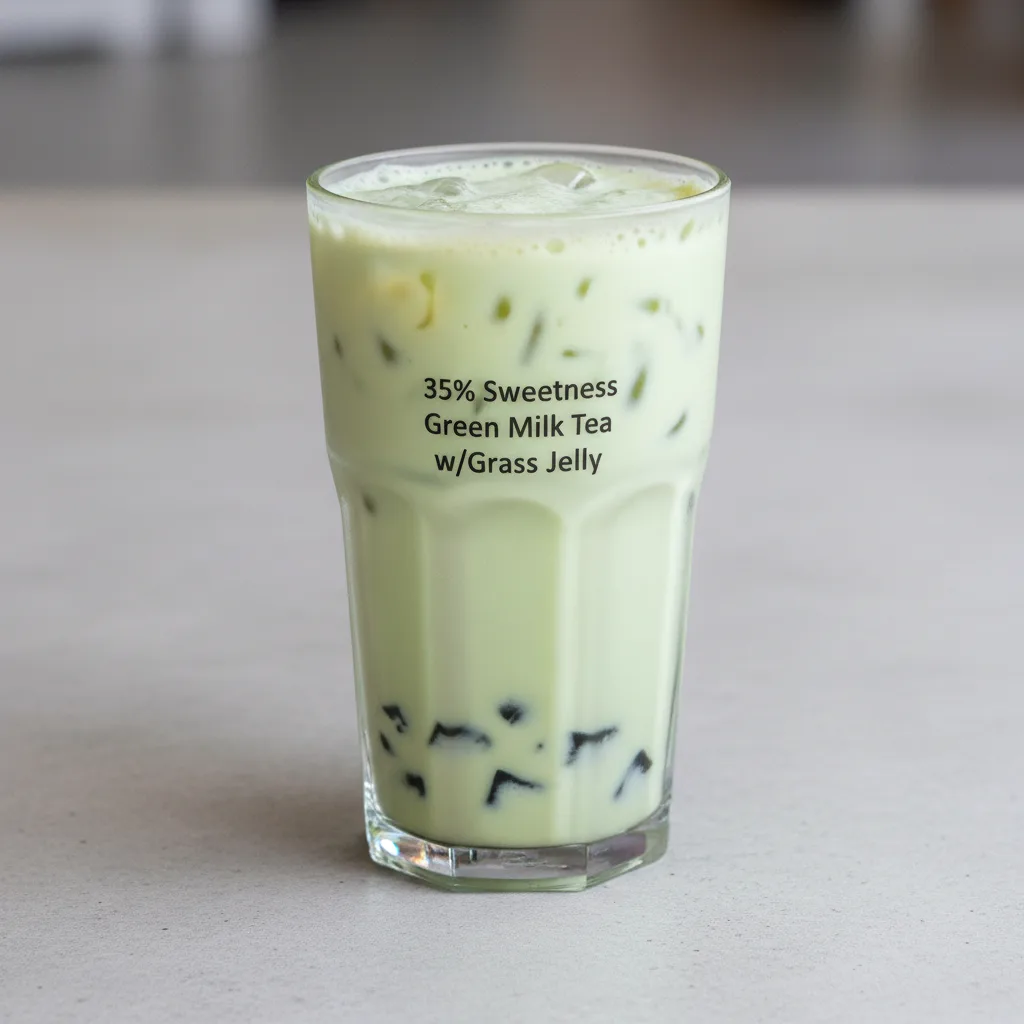 35% Sweetness Green Milk Tea w/Grass Jelly 35% Sweetness Green Milk Tea w/Grass Jelly
