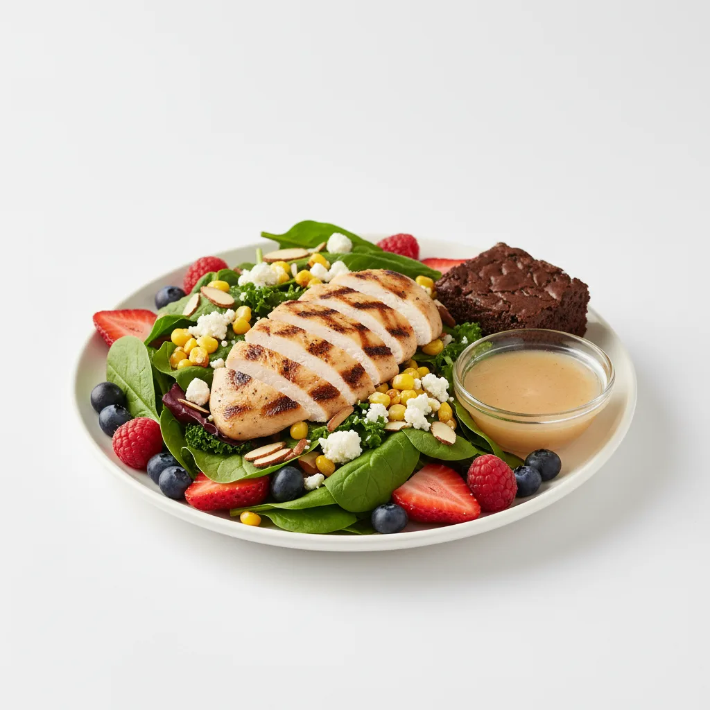 Farmers Salad with Fruit Salad and Grilled Chicken and Brownie Bite