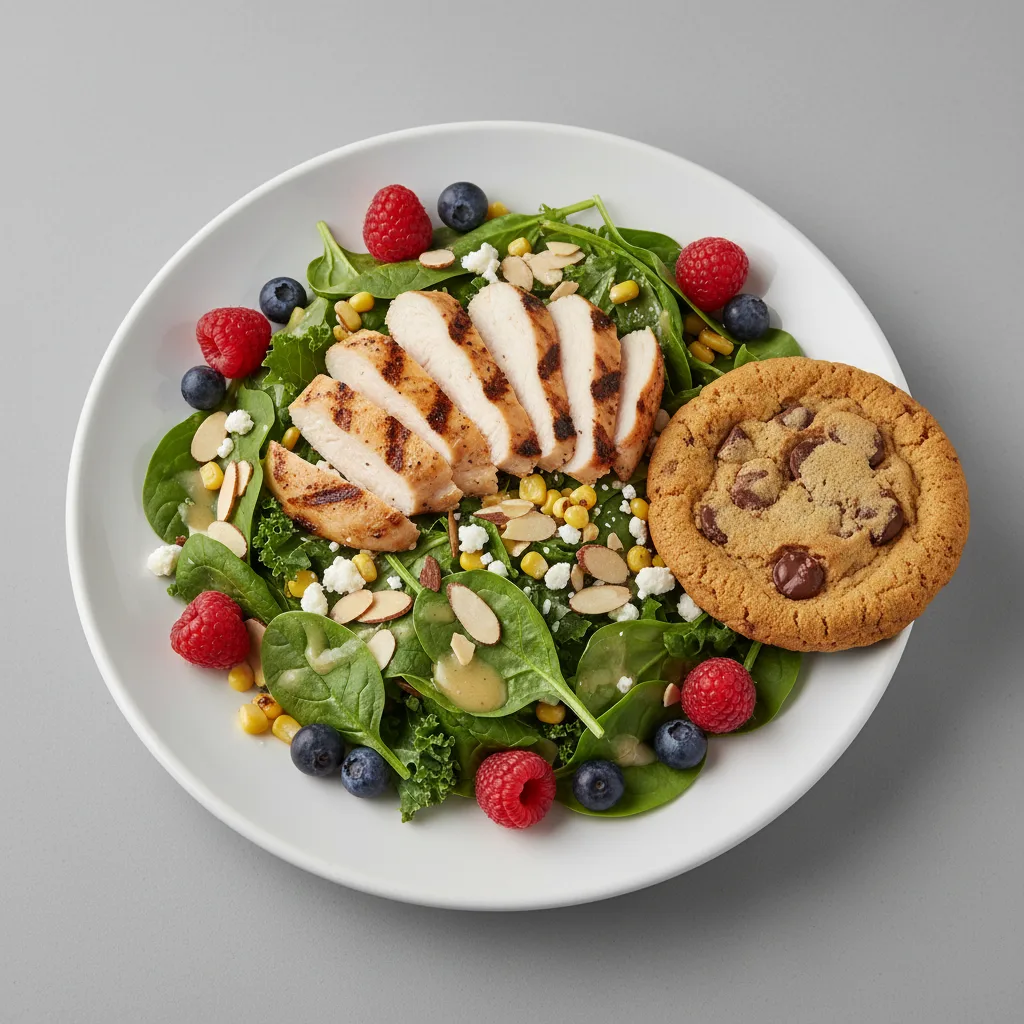 Grilled Chicken Farmers Salad with Fruit Salad and and Chocolate Chip Cookie