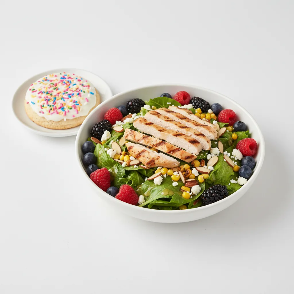 Grilled Chicken Farmers Salad with Fruit Salad and and Sprinkle Sugar Cookie