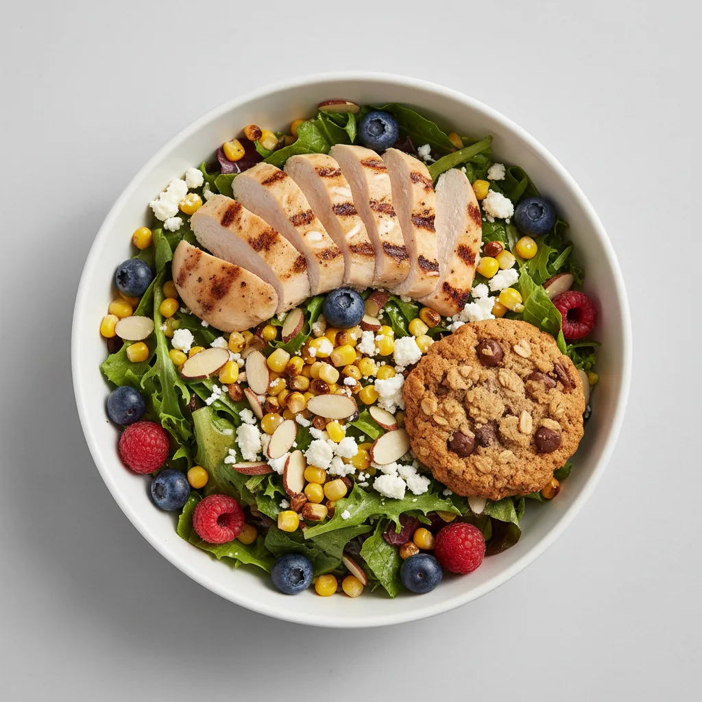Grilled Chicken Farmers Salad with Fruit Salad and and Cowboy Cookie